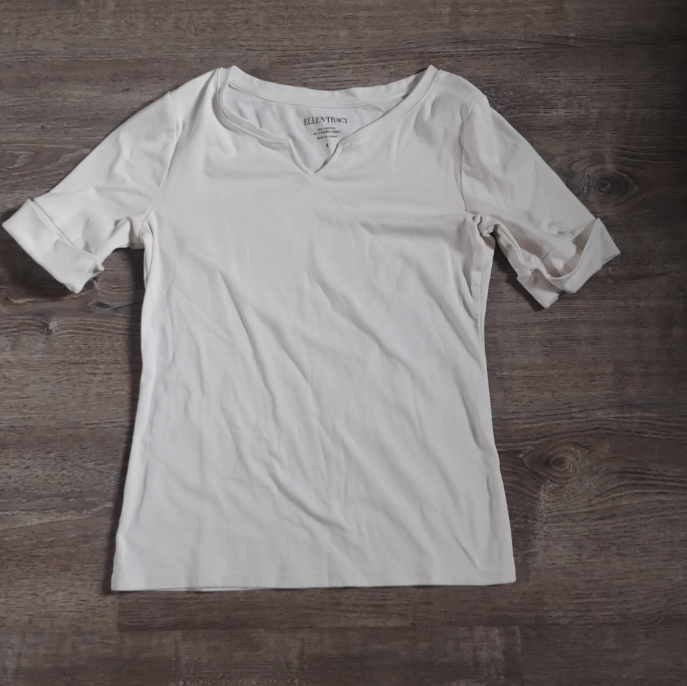 Ellen Tracy Cotton/Lycra Split-Neck T-Shirt - Size S